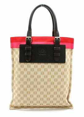 Loewe Anagram Tote Bag Handbag gusset canvas leather Beige Cream pink red